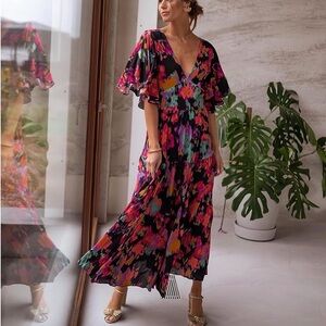 BRAND NEW- Black Floral V-Neck Maxi Dress with Bright Multicolor Print